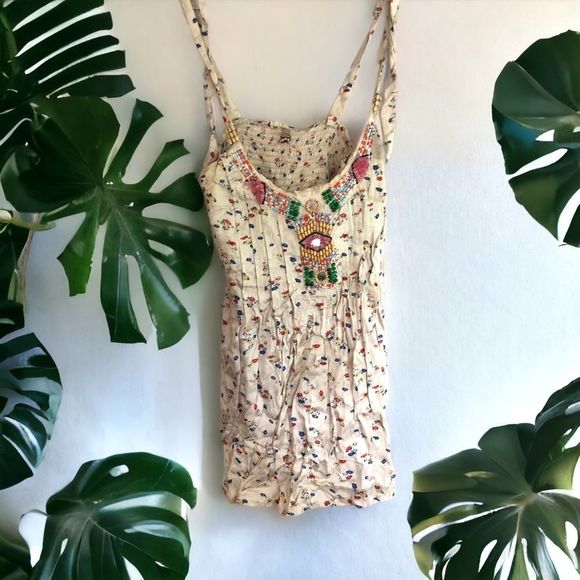 Free People Tops - Free People White Floral Print Scoop Neck Beaded Smocked Tie Back Tank L OLDER